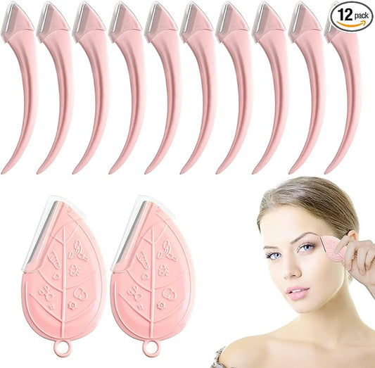 ONEUPIN 12PCS Eyebrow Trimmer Set Stainless Steel Leaves Curved Eyebrow Razor Trimmer Facial Shaver Razor Brow Shaper Suitable for Any Skin Type Hair Removal Accessories for Men Women(Pink)