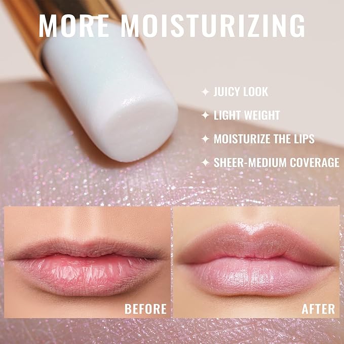 Oulac Moisturizing Shine Lipstick - Giltter Tinted Lip Balm Hydrating, Lip Plumper, Glossy Finish, Sheer Coverage with Pearlescent, Smooth for All Skin, Cracked and Chapped Lips, 2.2g/0.07oz (S03)