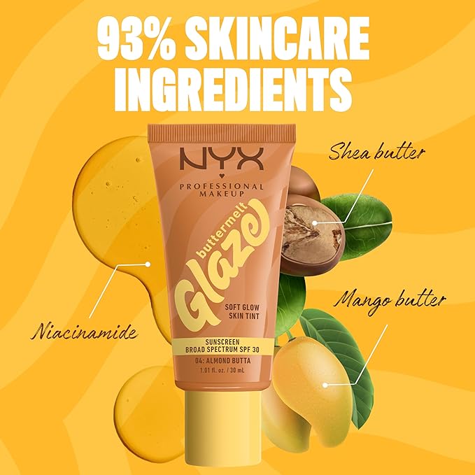 NYX PROFESSIONAL MAKEUP Buttermelt Glaze Soft Glow Skin Tint + SPF 30, Up To 12HR Wear, 04 Almond Butta