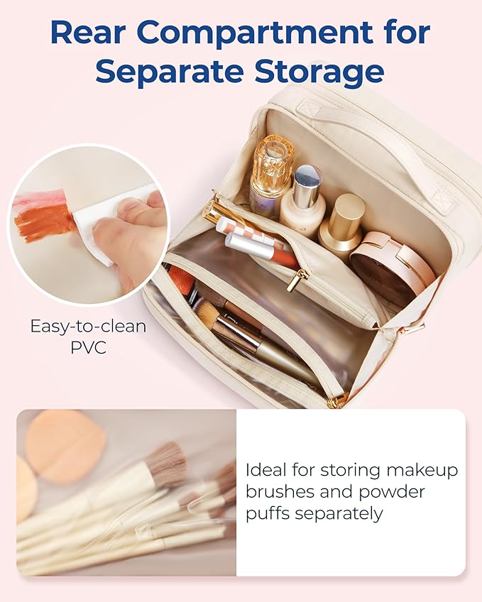 BAGSMART Travel Makeup Bag, Portable Make Up Bag, Wide-open Makeup Organizer Cosmetic Bags for Women for Travel Essentials Travel-Size Toiletries Accessories Bottles, Brushes (Beige)