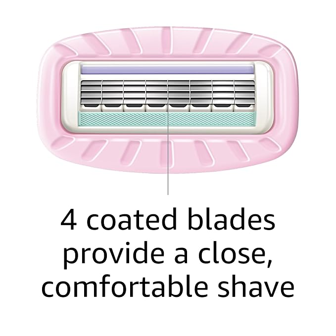 Amazon Basics Women's 4 Blade Razor for Women, Fits AmazonBasics & Venus Handles, Moisturizing Surround, 4 Count, Includes 1 Handle, 2 Cartridges & 1 Shower Hanger, Pink (Pack of 2)