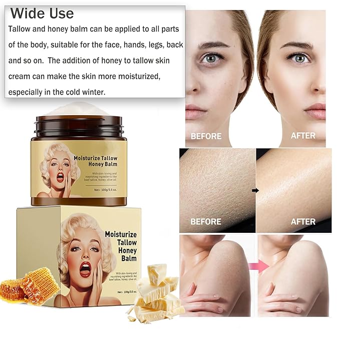 Whipped Beef Tallow and Honey Balm, Grass-Fed Beef Tallow & Raw Wild Honey Blend Moisturizer, 3.5oz, Tallow Face Moisturizer Body & Face Moisturizer Infuses the Body with honey To Moisturize the Skin