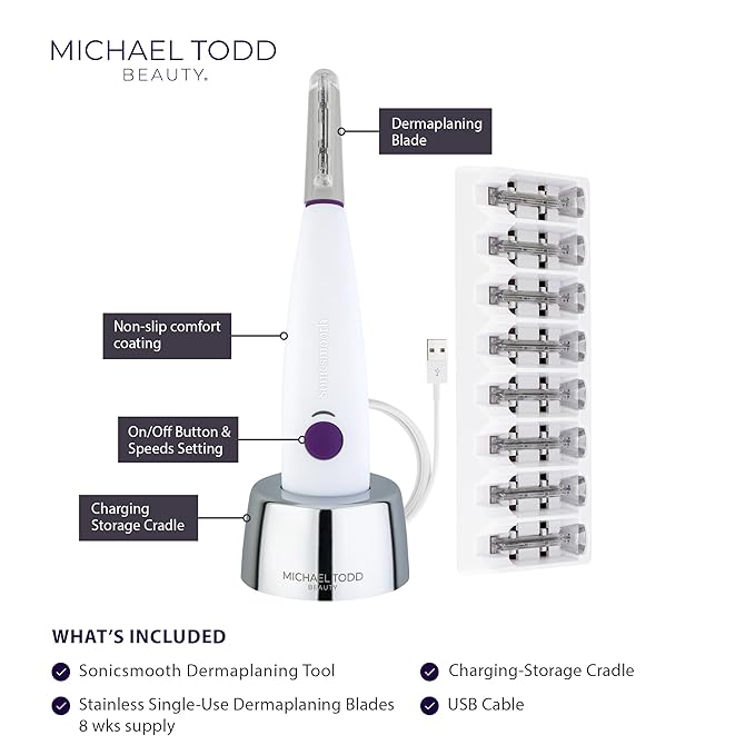 Michael Todd Beauty - Sonicsmooth – SONIC Technology Dermaplaning Tool - 2 in 1 Women’s Facial Exfoliation & Peach Fuzz Hair Removal System with 8 Weeks of Dermaplaning Blades