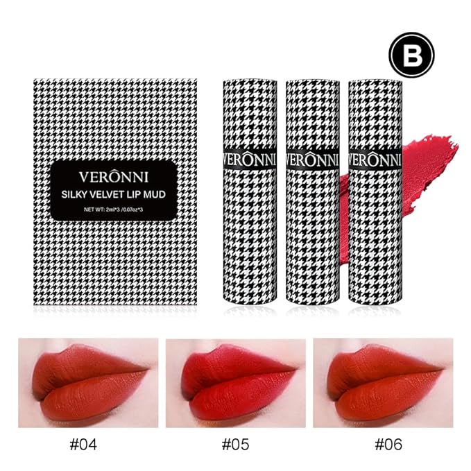 VERONNI 3 Colors Matte Lip Mud,Velvet Lip Gloss Set Multi-Purpose Matte Lipstick, Long Lasting Non-Sticky Gloss Smooth Pack Of 3 Lip Gloss Blush Makeup Set For Lips And Face (Set B)