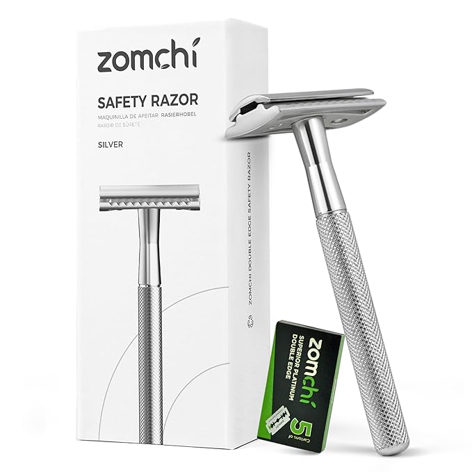 ZOMCHI Double Edge Safety Razor for Men & Women, Metal Razor with 5 Double Edge Safety Razor Blades, Single Blade Razor – Silver