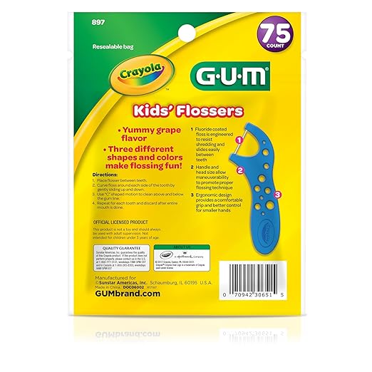 GUM Crayola Kids Flossers with Fluoride - Designed for Little Hands - Fun Grape Flavor - Easy to Use Kids Floss Picks for Children Ages 3+, 75 Count (Pack of 6)
