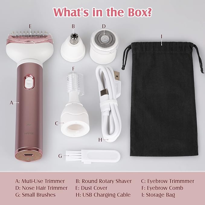 Womens Electric Razor, 4 in 1 Face Shaver for Women, Facial Hair Remover for Women, Electric Women Bikini Trimmers for Legs, Travel Razor for Eyebrow Ear Nose Hair Lip Beard Armpit, Rose Gold