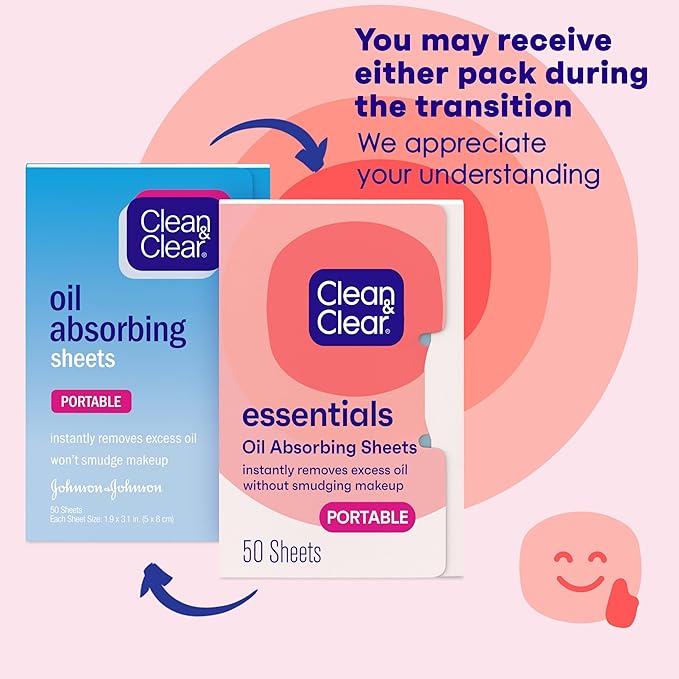Clean & Clear Essentials Oil Absorbing Sheets, Portable Blotting Papers for Shine Control on the Face & Nose, Blotting Sheets Instantly Remove Excess Oil Without Smudging Makeup, 3 Pack