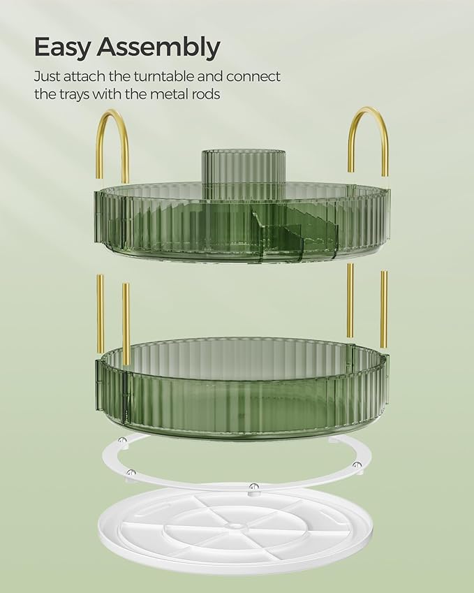 SONGMICS Makeup Organizer, 2-Tier Round Rotating Skincare Organizer Countertop, Customizable, Toiletries Vanity Organizer, Lazy Susan, Gift, Pale Green UJKA012C01