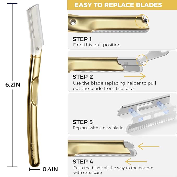 ZOMCHI Dermaplane Razor with 11 Blades for Women & Men, Eyebrow Trimmer with Protective Silicone Cap, Face Razor for Hair Removal - Matte Gold