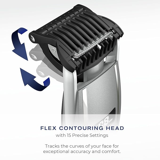 ConairMAN Beard Trimmer for Men, for Face and Mustache, Wet/Dry Beard and Stubble Trimmer, Flex Contouring Head with 15 Precise Settings and Premium