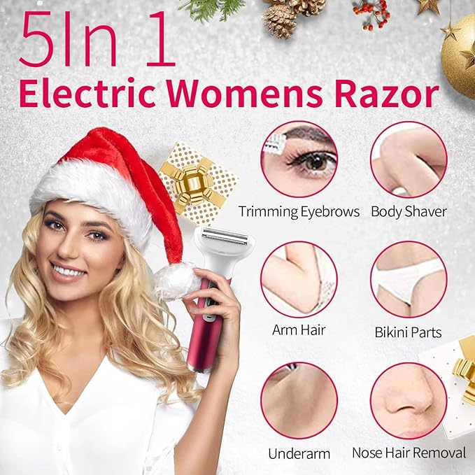 Electric Razor for Women,5 in 1 Womens Shaver Electric Bikini Trimmer Pubic Hair Removal Wet & Dry Painless Shaver for Legs Underarms Eyebrow Face Nose and Bikini Line Razor (Red)