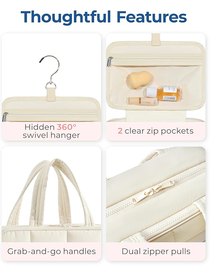 BAGSMART Travel Toiletry Bag with Jewelry Organizer, Hanging Travel Bag for Toiletries, Puffy Makeup Cosmetic Bag Organizer, Carry-on Travel Accessories Essentials, Beige-L