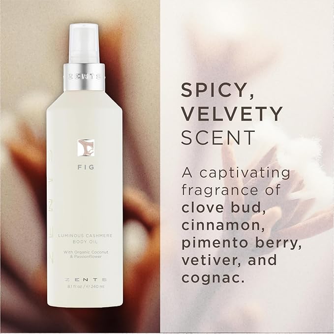 Zents Luminous Cashmere Body Oil (Fig Fragrance) | Moisturizing Body Oil with Vitamin E & Organic Coconut Oil | Softens & Smooths Skin | 8 fl oz