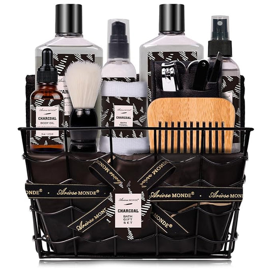 Valentines Day Gifts for Men Spa Gifts for Men, Charcoal Bath and Body Gift Set for Men, 10 Pcs Spa Kits Ideal Birthday, Christmas. Men's Relaxation Bath Baskets, Self Care Kit