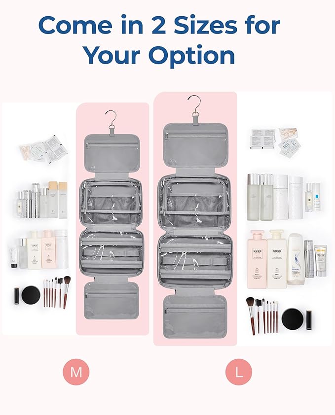 BAGSMART Travel Toiletry Bag with Jewelry Organizer, Hanging Travel Bag for Toiletries, Puffy Makeup Cosmetic Bag Organizer, Carry-on Travel Accessories Essentials, Grey-L