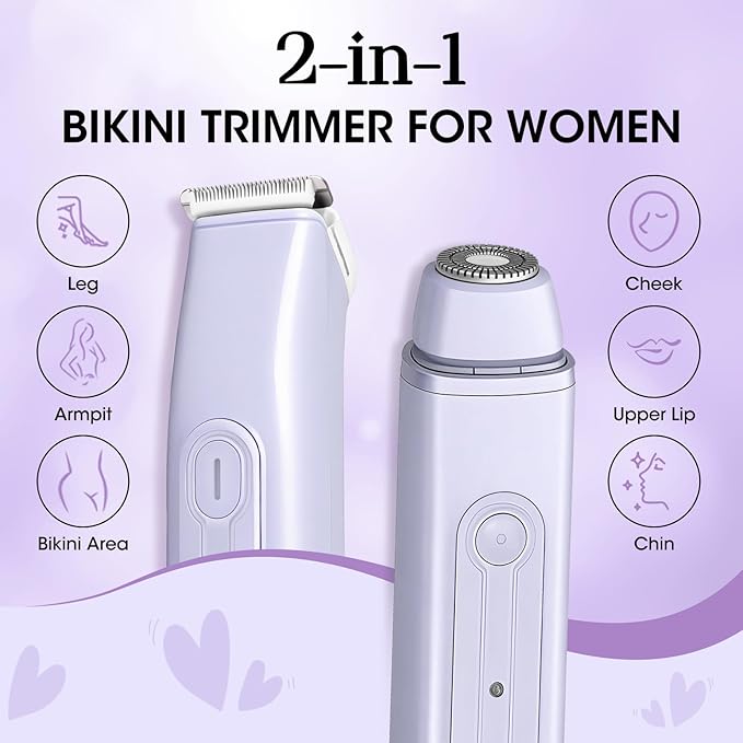 Lanumi 2 in 1 Electric Shaver Dual Head Bikini Trimmer Women IPX6 Wet Dry Pubic Hair Trimmer Rechargeable Body Facial Hair Remover for Face Lip Chin Underarm Legs (Purple)