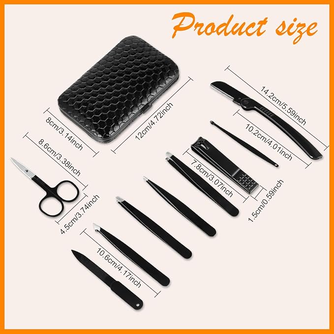 Yougai Tweezers Set,9 Pcs Professional Stainless Steel Tweezer Kit-Great Precision Eyebrow Tweezers for Ingrown Facial Hair with Leather Travel Case as Stocking Stuffing Gifts