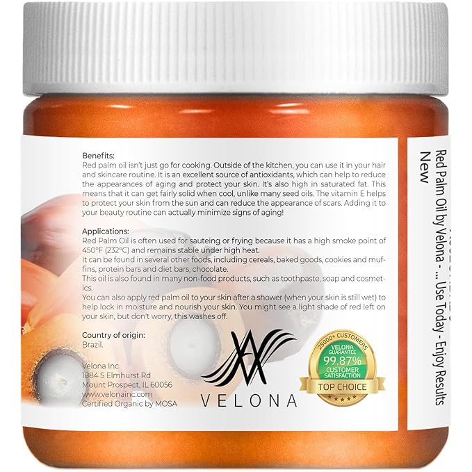 velona USDA Certified Organic Red Palm Oil 4 Fl Oz | Food and Cosmetic Grade | in jar | Extra Virgin, Cold Pressed | Skin, Face, Body, Hair Care | Use Today - Enjoy Results