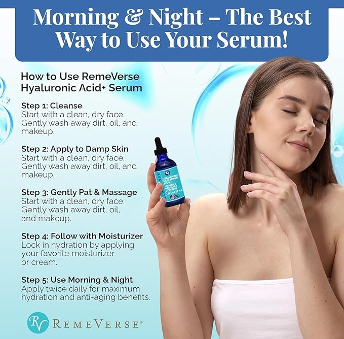 RemeVerse Hyaluronic Acid Serum with Vitamin C & Green Tea Extract - 100% Pure Formulation for Face, Lips & Décolleté - Intense Moisture for Dry Skin & Fine Lines for a Youthful & Plump Look, 1 oz