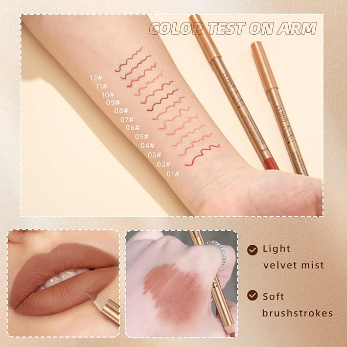 12PCS Matte Lip Liner Set,Waterproof Lipstick Liner Slim,High Pigmented Creamy Lipliners Pencil,Non-fading Long Lasting Lip Liner Pencil for Women