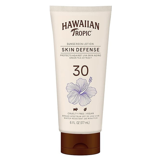 Hawaiian Tropic Skin Defense Sunscreen Lotion SPF 30, 6oz | SPF 30 Sunscreen Lotion with Green Tea Extract, Sunscreen Body Lotion, Oxybenzone Free Sunscreen, 6oz