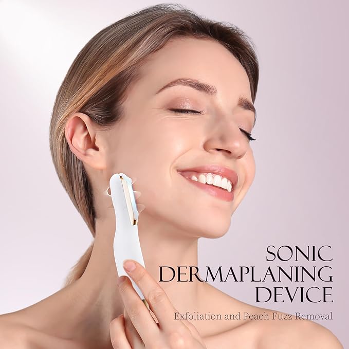 Sonic Dermaplane Razor for Women Face, Dermaplaning Tool for Face, Sonic Edge Technology, Facial Hair Removal for Women, Peach Fuzz with 8 Replaceable Blades(White)