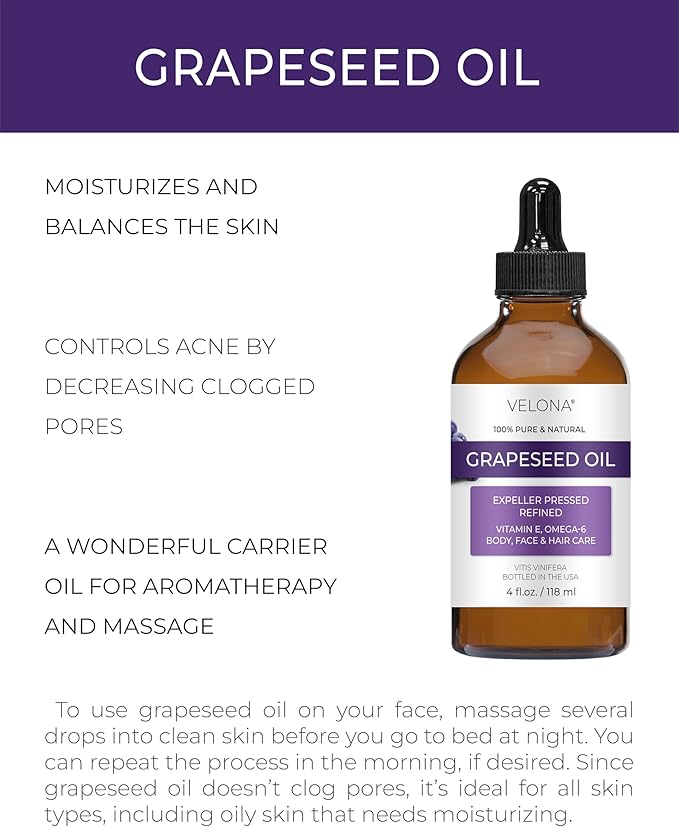 velona Grapeseed Oil 4 fl oz | 100% Pure and Natural Carrier Oil | Refined, Cold pressed | Skin, Face, Body, Hair Care | Use Today - Enjoy Results