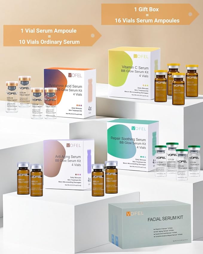 Anti Aging Serum with Hyaluronic Acid Vitamin C Serum for Face Centella Serum Moisturizer 0.35 oz 4 Kits 16 Vials Facial Serum Ampoules (4 kits gift box)