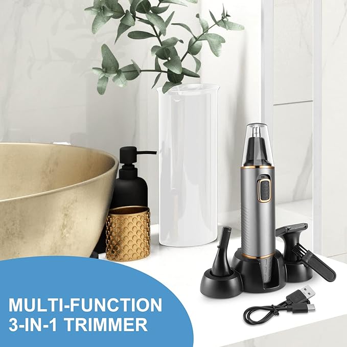 Nose Hair Trimmer for Men Rechargeable 3-IN-1 Versatile Professional Painless Trimmer for Nose, Ear, Beard, Facial, Pubic Hair - Wet or Dry Use, Dual Edge Blades