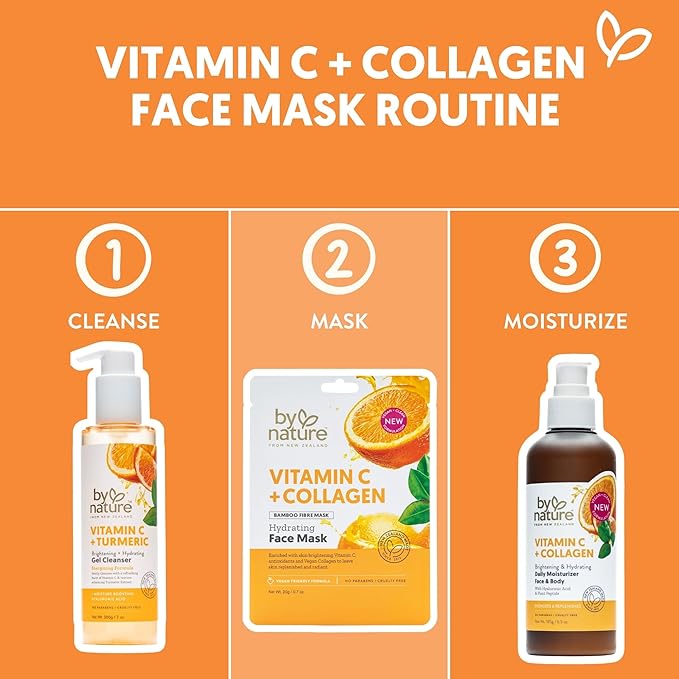 By Nature Hydrating Face Masks with Vitamin C + Collagen, Made From Bamboo Fiber from New Zealand (4 Pack)