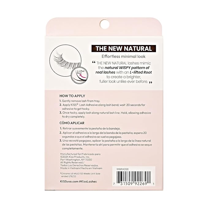 KISS The New Natural, False Eyelashes, 'Wide Slacks', 12 mm, Includes 4 Pairs Of Lashes, Contact Lens Friendly, Easy to Apply, Reusable Strip Lashes