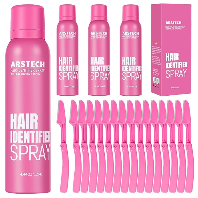 Hair Identifier Spray for Face Shaving Dermaplaning Tool 4 Pack Skin Body Dermaplaning Spray for Women with 16 Face Razor for Face Shaver Hair Removal Kit Excess Hair Dermaplane Razor for Women Face