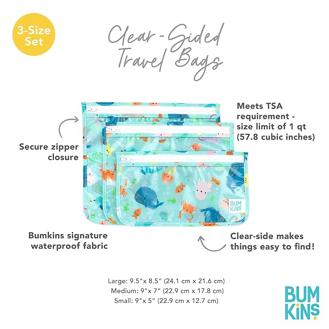 Bumkins Travel Bag, Toiletry, TSA Approved Pouch, Zip Bag, Quart Size Airline Compliant, Clear-Sided, Baby, Diaper Bag Organization, Makeup, Accessories, Packing, Set of 3 Sizes, Ocean Life Blue