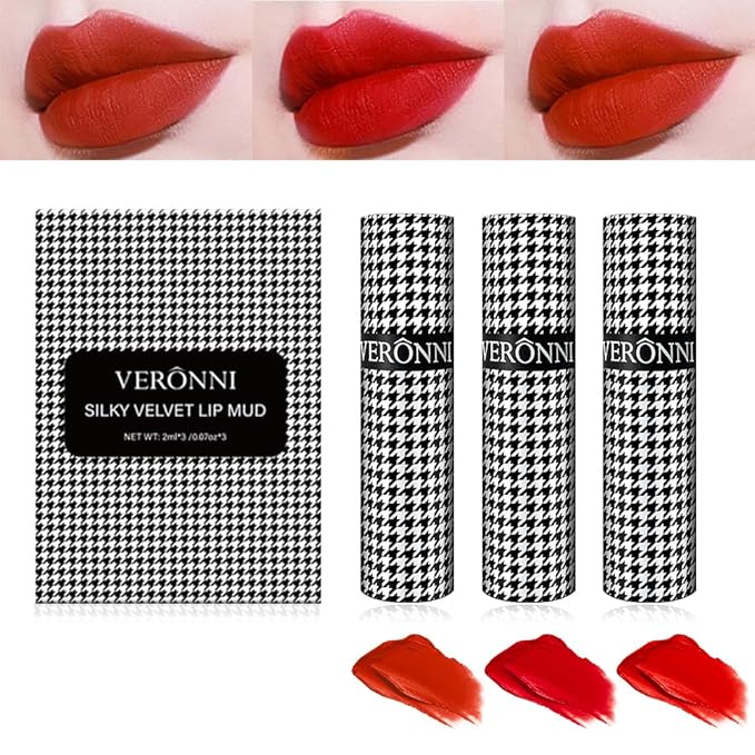 VERONNI 3 Colors Matte Lip Mud,Velvet Lip Gloss Set Multi-Purpose Matte Lipstick, Long Lasting Non-Sticky Gloss Smooth Pack Of 3 Lip Gloss Blush Makeup Set For Lips And Face (Set B)