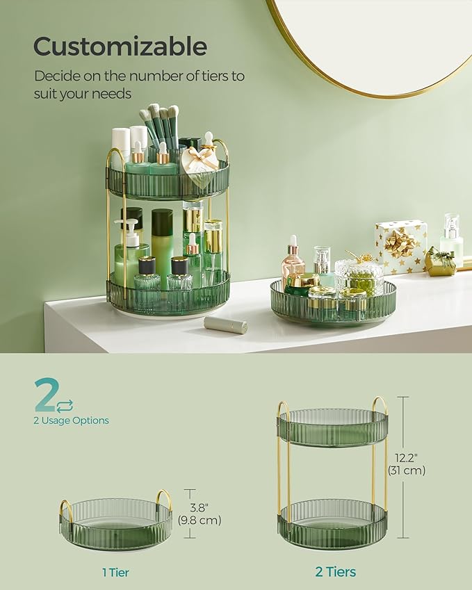 SONGMICS Makeup Organizer, 2-Tier Round Rotating Skincare Organizer Countertop, Customizable, Toiletries Vanity Organizer, Lazy Susan, Gift, Pale Green UJKA012C01