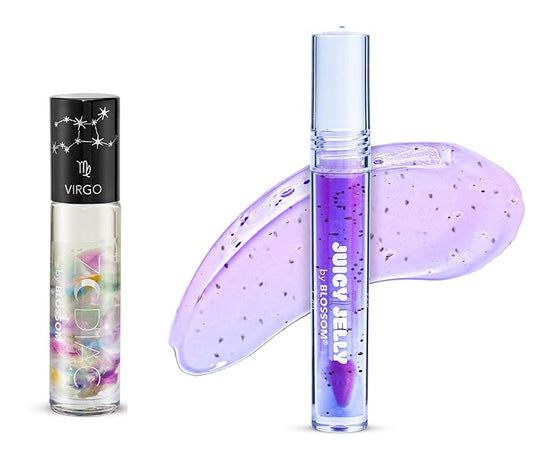 Blossom Juicy Jelly Moisturizing Lip Care Fruit Flavored Nourishing Lip Oil + Zodiac Sign Vanilla Scented Roll On Lip Gloss with Crystals, 2 Pack Bundle, Grape/Virgo