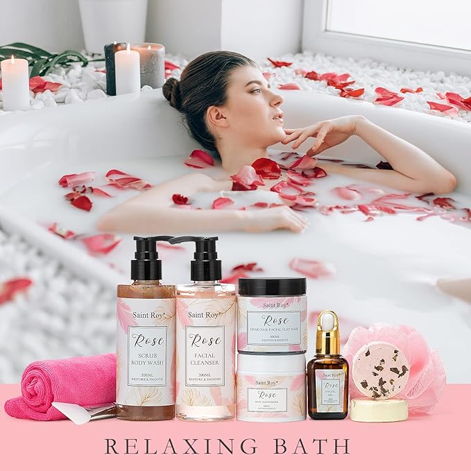 Spa Gifts for Women,10pcs Self Care Kit ROSE Scented with Facial Cleanser, Scrub Body Wash, Facial Clay Mask, Facial, Essential Oil, Birthday Gifts Skin Care Set, Mothers Day Gifts Ideas