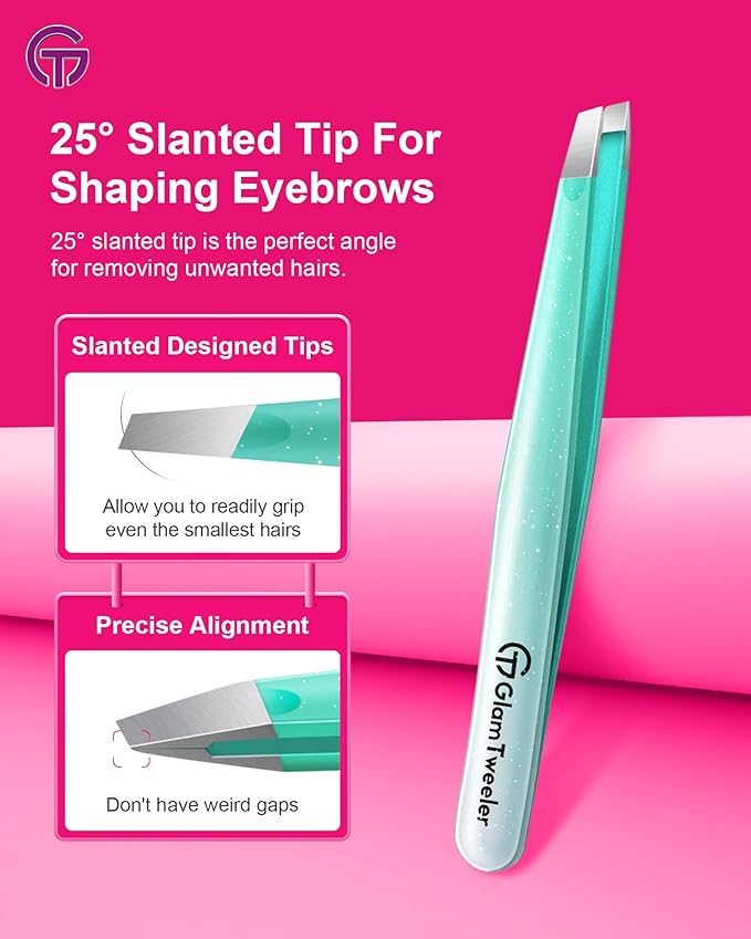 Expert Slant and Point Tip Tweezer Set with Exclusive Storage & Carrying Case, GlamTweeler Sharp & Precision Tweezer Set for Eyebrows, Facial Hairs & Fine Hairs Removal (Sparkle Mint Green + Silver)