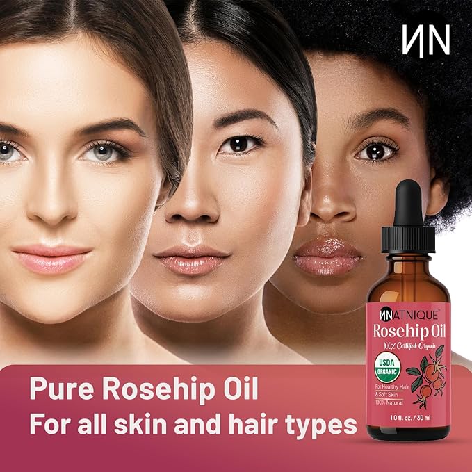 Rosehip Seed Oil Organic 1oz, USDA Certified, 100% Pure Rosehip Oil for Face, Hair & Skin. Cold Pressed Natural Moisturizer for Hair, Skin Scalp & Nails. Ideal to use for Gua Sha Massage.