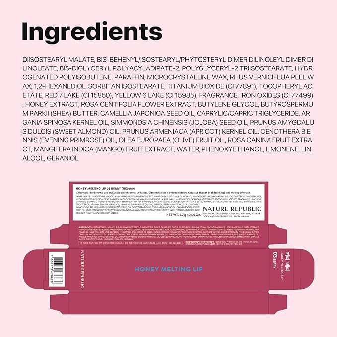 Nature Republic HONEY MELTING LIP (03 BERRY) SOFT LIP STICK, Hydrating Gloss, Moisturizing balms, Sheer tint, Shine & Glowy Finish, korean make up