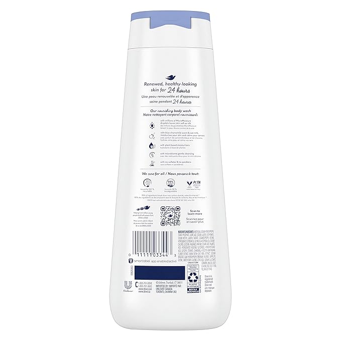 Dove Body Wash Anti-Stress Blue Chamomile & Oat Milk 4 Count for Renewed, Healthy-Looking Skin Moisturizing Gentle Skin Cleanser with 24hr Renewing MicroMoisture 20 oz