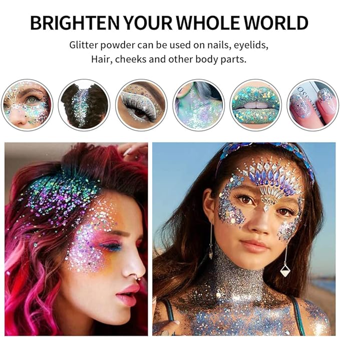 Glitter Eyeshadow Palette, Shimmer Purple Pink Blue Colorful Eyeshadow Palette, Lip Face Eye Glitter Makeup, Lasting Waterproof High Pigmented Eye Shadow Palette for Girl Women