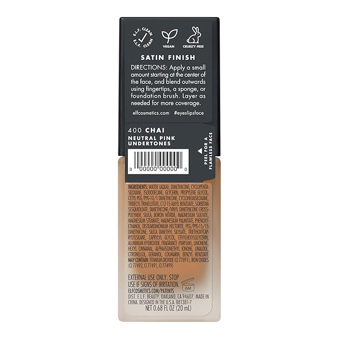 e.l.f. Flawless Satin Foundation, Lightweight & Medium Coverage, Semi-Matte Finish, Vegan & Cruelty-Free, Chai, 0.68 Fl Oz (20mL)