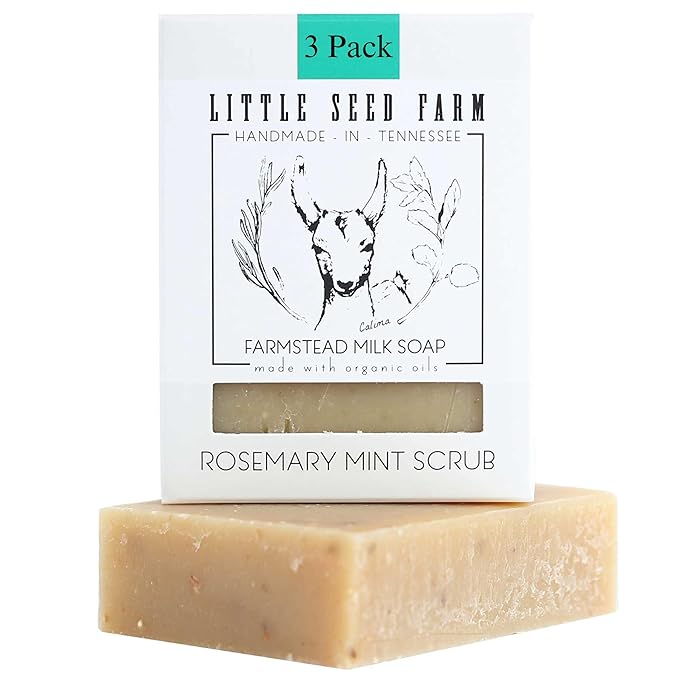 Little Seed Farm Organic Goat’s Milk Soap – 3 Pack of Rosemary Mint Exfoliating Body Bars – Natural, Handmade, Cruelty Free – Energizing and Toning Scrub – Suitable for Sensitive Skin, Net Wt. 4.75oz