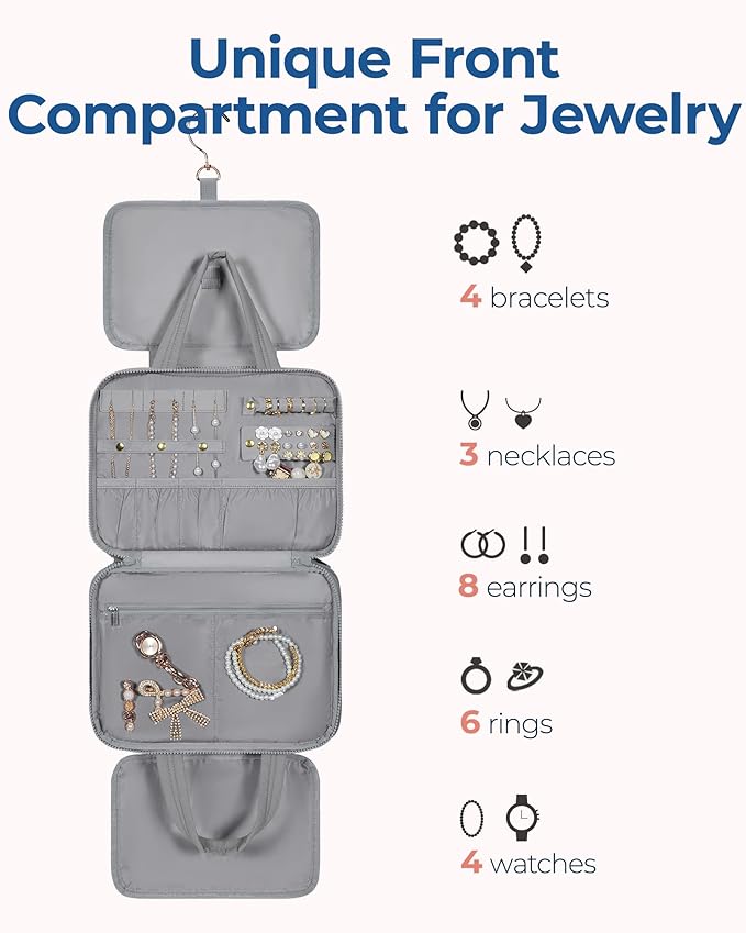 BAGSMART Travel Toiletry Bag with Jewelry Organizer, Hanging Travel Bag for Toiletries, Puffy Makeup Cosmetic Bag Organizer, Carry-on Travel Accessories Essentials, Grey-L