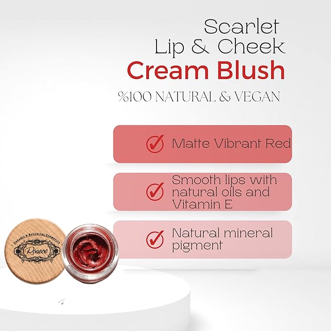 2-in-1 Cream Cheek Blush + Lip Color | Natural Mineral pigment | Soft Lips with natural oils and Vitamin E | 100% Plant ingredients, Vegan (Vibrant RED/Matte-Scarlet, 0.25fl oz)