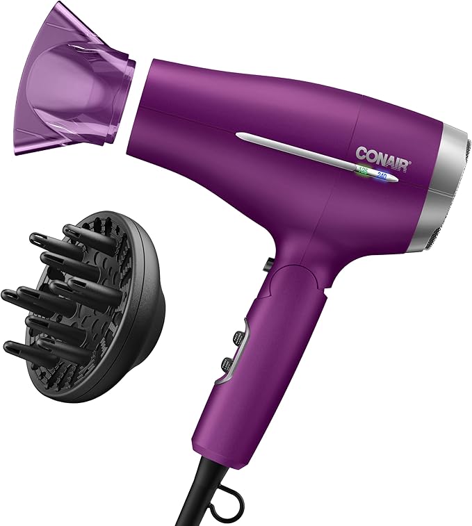 Conair Hair Dryer, Worldwide Travel Hair Dryer with Smart Voltage Technology and Folding Handle, Includes Diffuser and Concentrator, Purple