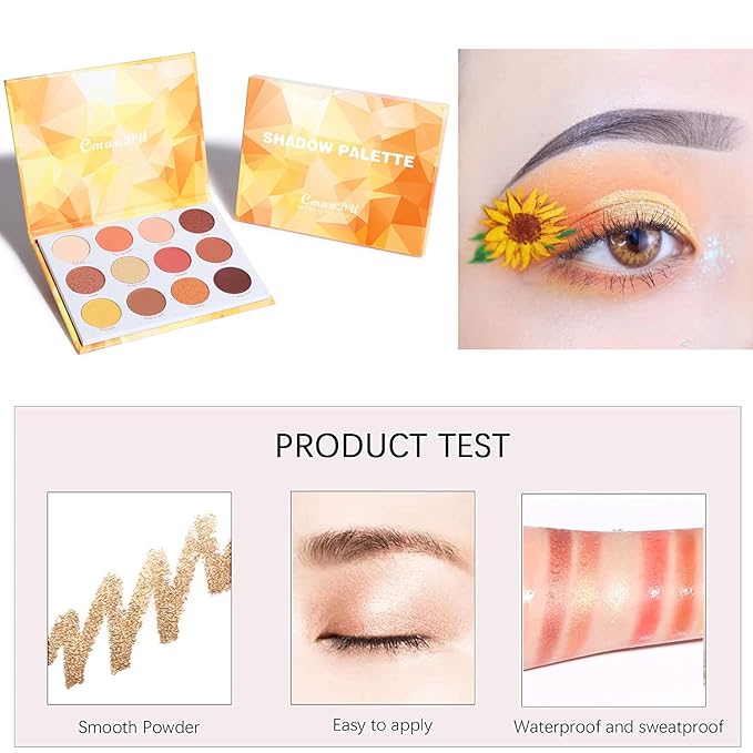 Glitter Matte Orange Yellow Eyeshadow Palette, 12 Colors Shimmer High Pigmented Eyeshadow Makeup Palette Lasting Waterproof Brown Eyeshadow Palette for Girl Women