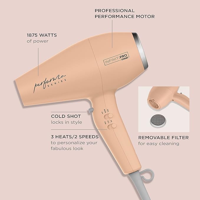 Conair Infiniti Pro Hair Dryer with Diffuser plus 3 Other Attachments | Performa Series Hair Dryer | Blow Dryer with Professional Performance Motor | Blush Pink